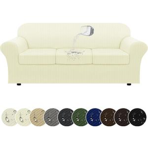 100% WaterproofCouch Cover 4-Piece Set Striped Sofa Slipcovers for 3 Cushion Couch Sofa Covers with TPU Leakproof Bottom Stretch Couch Protector Pet Proof - Sofa(3-Cushion), Beige