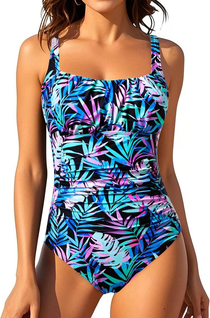 Aqua Eve One Piece Bathing Suit for Women Tummy Control Swimsuit Slimming Vintage Swimwear (X-Large, Colorful Leaves)