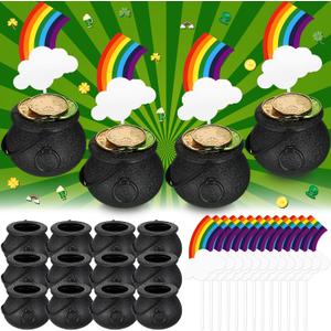 12 Pcs Mini Black Cauldron and 12 Pcs Cloud Rainbow Cake Toppers Cupcake Decorations Plastic Candy Kettles with Handle Plastic Small Cauldron for St Patricks Day Party Favor Leprechaun Supplies