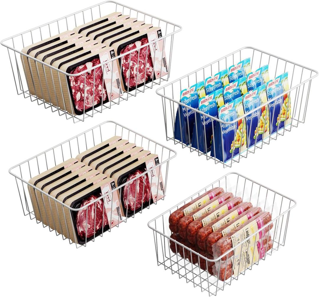 Ispecle Freezer Organizer Bins - 4 Pack Upright Freezer Baskets for 17/21 Cu.Ft Stand Up Freezer, Wire Storage for Reach-In Freezer, Slide-Out Access, Prevents Items Falling, 2 Large 2 Medium, White