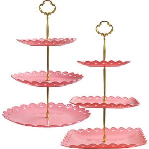 RAUVOLFIA 2 Pack of Plastic Round & Square Dessert Cupcake Stand, 3 Tier Cup Cake Holder Tower for Tea Party/Birthday/Wedding, Plastic Tiered Serving Tray (Pink)