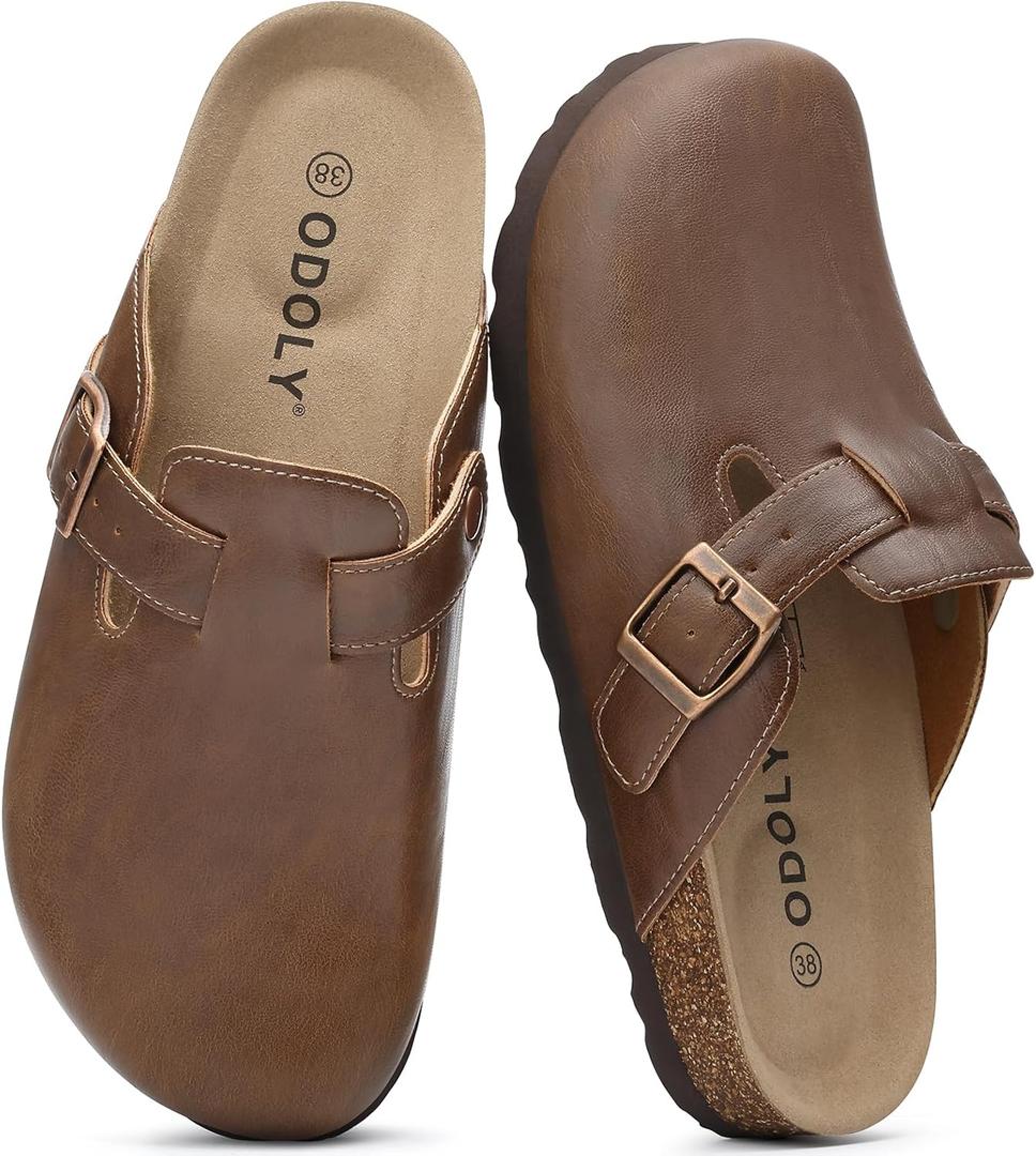 ODOLY Unisex Vegan Leather Clogs Womens Mens Cork Footbed Mules Slip on Potato Shoes with Arch Support ,Size 46