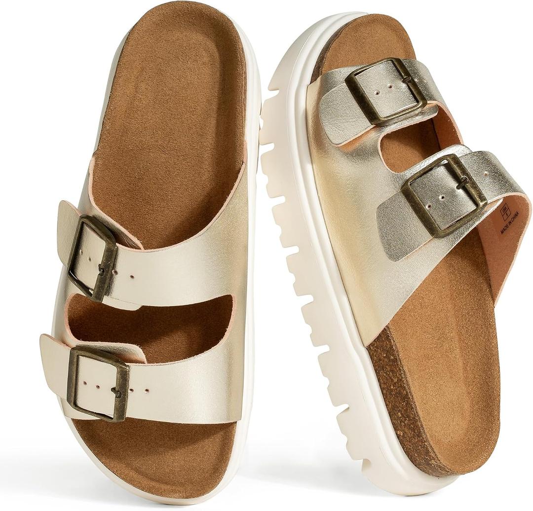 Hofeny Platform Sandals for Women – Genuine Leather Chunky Wedge Slides with Cork Footbed, Arch Support Comfortable Summer Sandals 2026 Gold Size 8