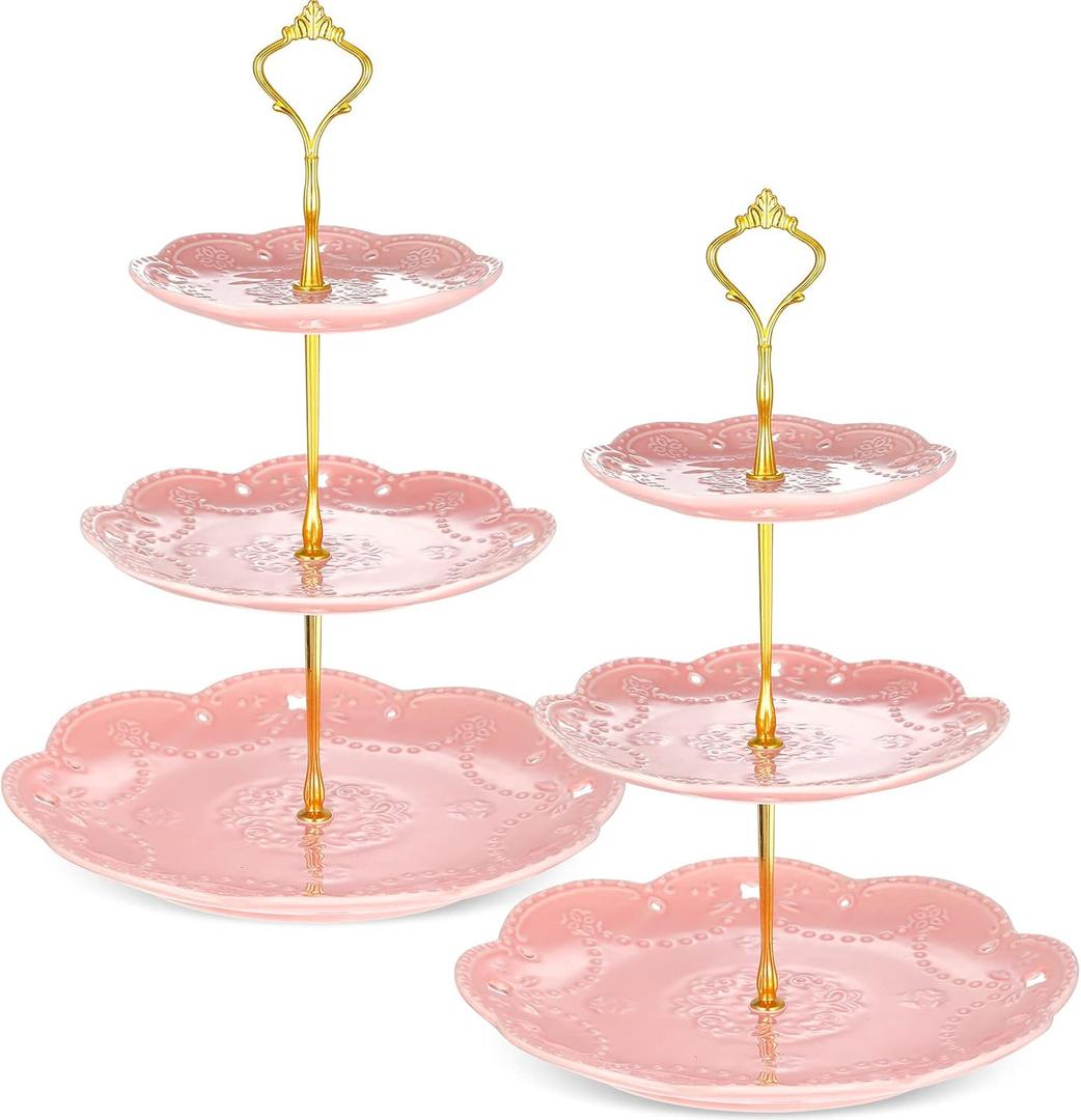 Tanlade 2 Pcs Porcelain Cupcake Stand 3 Tier Serving Tray Dessert Tiered Tea Party Plates Embossed 3 Tier Cake Stand High Tea Elegant Stand Cupcake Platter for Wedding Birthday(Pink)