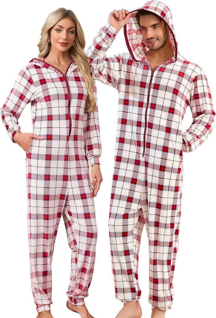 U2SKIIN Matching Pajamas for Couples Onesie, Ultra Soft Plaid Hooded Pjs Set Christmas Zipper for Men and Women Warm Jumpsuit (Medium, Burgundy Blue Plaid)