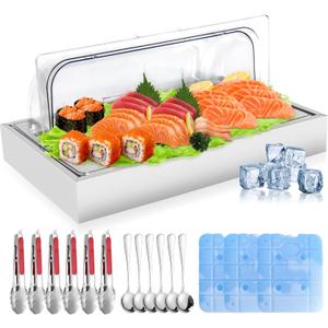 Countertop Ice Food Serving Display Tray with 1 Pan, Portable Salad Bar Buffet Station, Stainless Steel Cold Food Buffet Server with Clear Roll Top Cover, Chilled Serving Tray for Home Party Buffet