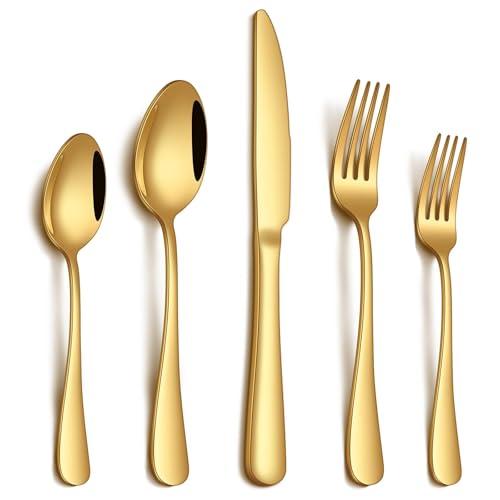 PHILIPALA 20 Piece Gold Silverware Set, Stainless Steel Flatware Set for 4 Food Grade Cutlery Utensil Set Include Knife Fork Spoon Mirror Polished Dishwasher Safe