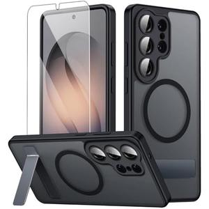 Magnetic for Samsung Galaxy S26 Ultra Case with Stand and Screen Protector & Camera Protector,Galaxy S 26 Ultra Case Compatible with MagSafe,Matte Translucent Shockproof Slimi Phone Case -Black