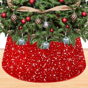 Christmas Tree Collar Red Sequin Tree Skirt Christmas 23.6 Inch Velvet Xmas Tree Stand Collar Sparkle Metallic Tree Ring Box Skirt Christmas Tree Trunk Base Cover for Home Holiday Ornaments