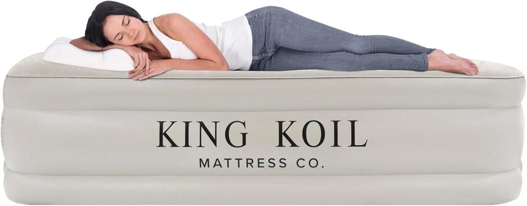 King Koil Luxury California King Air Mattress with Built-in Pump for Home, Camping & Guests - 20 King Size Inflatable Airbed Luxury Double High Adjustable Blow Up Mattress, Durable Waterproof (Beige)