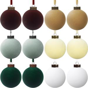12 Pcs Velvet Christmas Balls Bulk Shatterproof Plastic Christmas Tree Decorations for Decorative Hanging Baubles (12, CoffeeWhiteHaze BlueBeigeBlackish GreenKhaki, 3.94Inch)