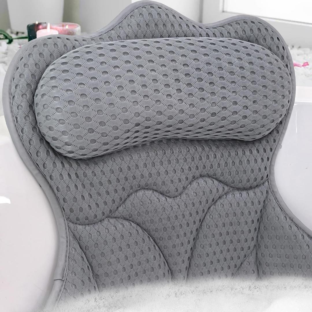 REEZEIVI Bath Pillows for Tub,Bath Pillow with 6 Non-Slip Suction Cups,Soft 4D Mesh Fabric,Bathtub Pillows for Tub Neck and Back Support,Extra Thick Luxury Bathtub Pillows,Grey