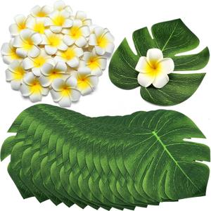 Thiccywoov 60 Pcs Tropical Party Decor Supplies 30 Pcs 8" Fak Monstera Leaves 30 Pcs 2.75" Artificial Plumeria Flower and Glue for Hawaiian Luau Jungle Beach Theme Table Wedding Party (White)