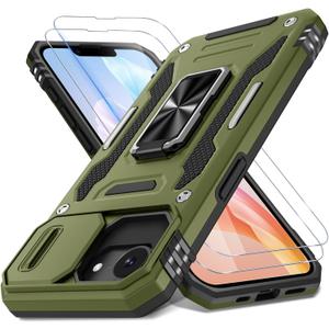 DEERLAMN Case for iPhone 17e/iPhone 16e 6.1-Inch with Slide Camera Cover+Screen Protector (2 Packs), Rotated Ring Kickstand Military Grade Shockproof Protective Cover-Olive Green