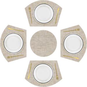 SHACOS Large Size Wedge Shape Placemats with Centerpiece Round Mat Set of 5 Round Table Place Mats Washable Dining Table Placemats Reversible, Beige (4 pcs 13.7"x19.6" Wedge+ 1 pc 14" Round)