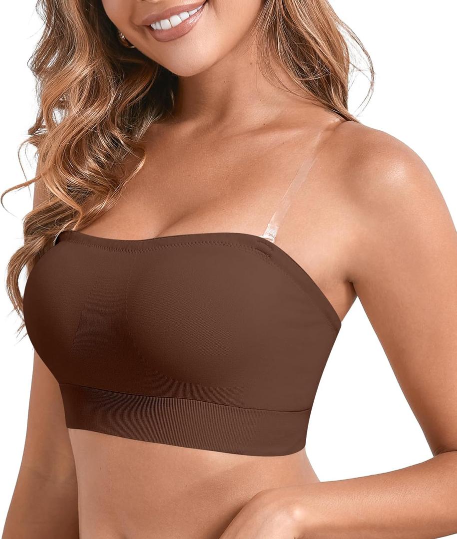 DEANGELMON Strapless Bras for Women Comfort Non-Slip Seamless Padded Bralette Clear Straps Wireless Tube Top Bra (X-Large, Dark Coffee) DEANGELMON Strapless Bras for Women Comfort Non-Slip Seamless Padded Bralette Clear Straps Wireless Tube Top Bra (X-Large, Dark Coffee)