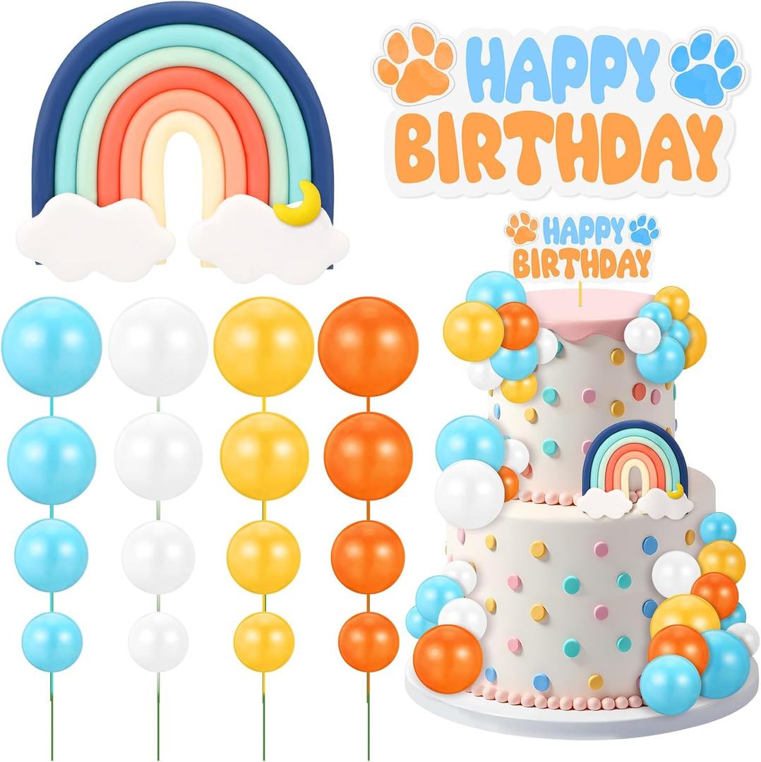 30 Pcs Blue Rainbow Cake Toppers with Blue Orange Ball Happy Birthday Cake Toppers for Birthday Wedding Party Supplies