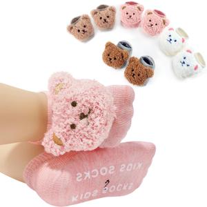 SAOROPEB 4-Pair Baby Girls Socks, Non-Slip Grips for Babies Toddler, Ankle Socks for Girls (0-12 Months, Bear)