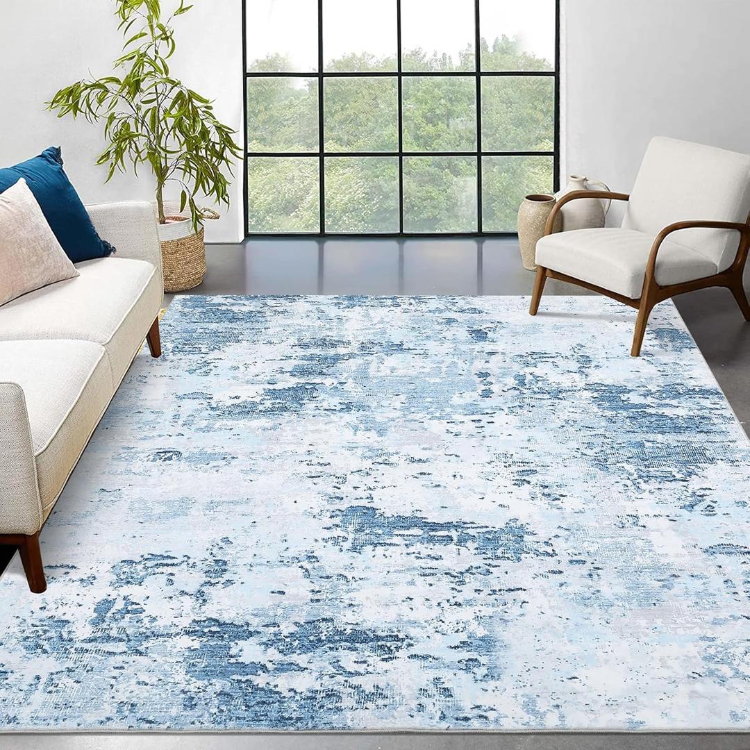 9x12 Modern Abstract Accent Rug for Living Room Stain Resistant Non Slip Low Pile Accent Bedroom Rug Indoor Floor Cover for Office Home Decor, Blue