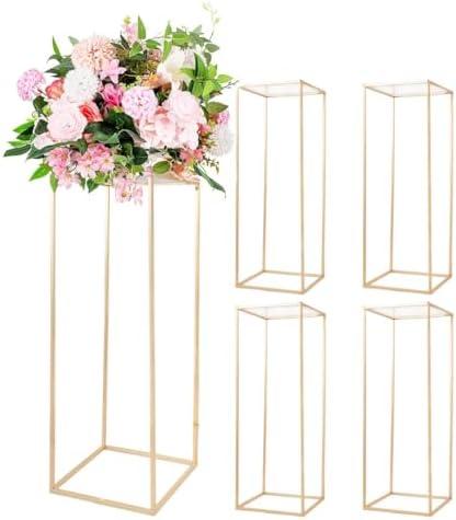 Fullvaseer 31.5Inch Gold Flower Stand Centerpieces for Wedding,Metal Column Geometric Flower Stand Tall Floor Vase for Table Decorations Event Home Party
