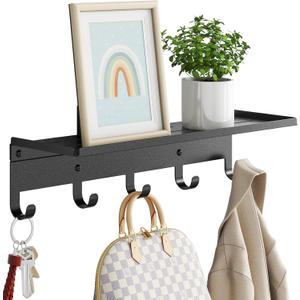 Bethom Wall Shelf with Hooks, Metal Coat Rack Wall Mounted with 5 Hooks, 17 Inch Clothes Hooks Entryway Coat Hangers Storage Clothes, Bags, Purse, Keys for Living Room, Bedroom, Black