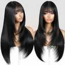 Black Wig with Bangs Long Black Wig for Women Synthetic Heat-Resistant Hair Layered Style Hair for Daily and Party Use
