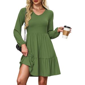 AUSELILY Womens Long Sleeve Dress 2025 Fall Casual V Neck Tiered Swing Flowy A-line Mini Short Dresses with Pockets (Green, L)