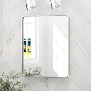 Keonjinn 16 x 20 Inch Brushed Nickel Bathroom Mirrors for Over Sink, Rounded Rectangle Silver Bathroom Vanity Mirror, Metal Framed Farmhouse Mirror for Wall, HD Tempered Glass(Horizontal/Vertical)