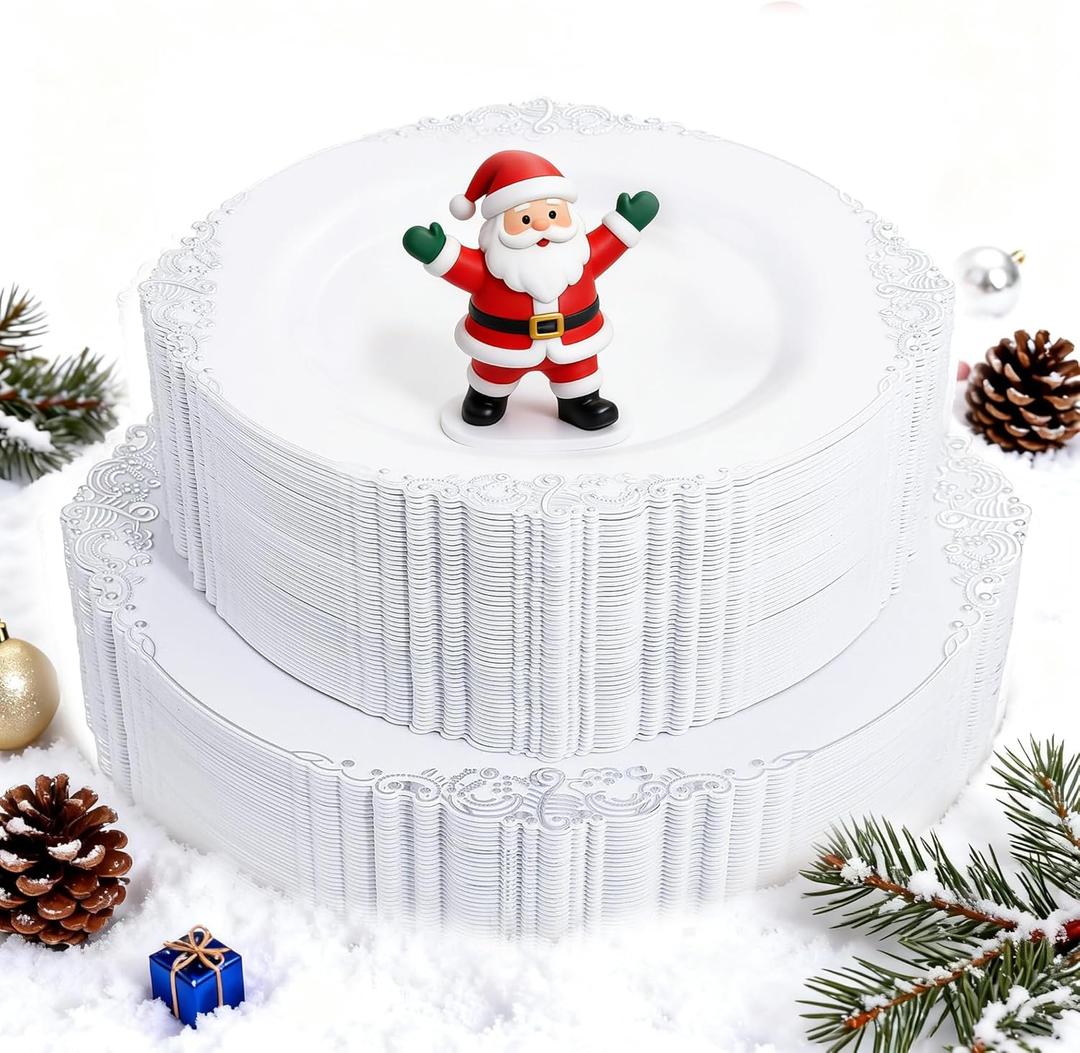 102PCS White and Silver Plastic Plates - Heavyweight Silver Plate - Wedding Plate with Silver Rim - Fancy Dinner & Dessert Plates for 51 Guests Weddings & Parties & Christmas
