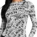 YYA Women's Sheer Long Sleeve Tops Letter Print See Through Mesh Blouse Sexy Y2K Vintage Style T-Shirt for Casual&Party S-XXL (M)