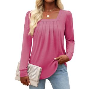 Funlingo Women's Puff Long Sleeve Tops Dressy Casual Square Neck Pleated Work Blouse Fall Trendy Tunic Flowy Chiffon Shirts (S)