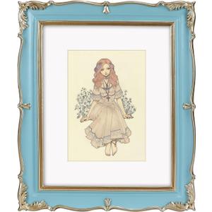 PHAREGE Vintage Picture Frame 8x10 Blue Gold, 8 by 10 Ornate Decorative Antique Frame with Mat for 5x7 Photo, Fancy Matted Frame for Desktop or Wall, Horizontal or Vertical