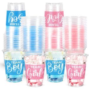 FYSUIMU 50 Pcs Gender Reveal Plastic Cups 16oz Clear Drinking Cups Blue Pink Team Boy Team Girl Disposable Cup for Gender Reveal Baby Shower Party Table Decor Supplies