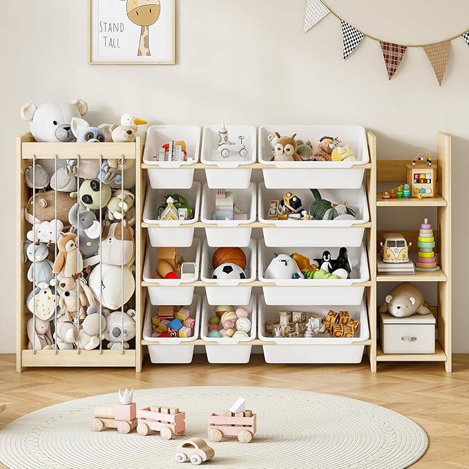 EXPERLAM 3-in-1 Toy Storage Organizer, Stuffed Animal Holder & 3-Tier Bookcase, Solid Wood Toy Organizer with 12 Storage Bins, Space-Saving Toy & Book Shelf for Kids Rooms, Bedroom, Playroom, White, Large