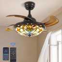 36" Tiffany Style Ceiling Fan with Lights, Remote Control Led Dimmable Fandelier Fixture with 4 Retractable Reverse Blades, Vintage Stained Glass Suit for Bedroom Living Room