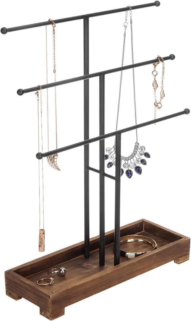 MyGift 3-Tier Black Metal T-Bar Jewelry Organizer Stand, Necklace and Bracelet Hanging Display with Brown Wood Ring Tray