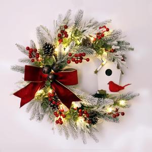 22'' Lighted Christmas Wreath with Timer, Cardinal & Birdhouse, Snow Flocked Pine Branches & Pinecones, Red Berries, Velvet Bow, LED Warm Lights with Steady/Flash Modes, Holiday Front Door Decor