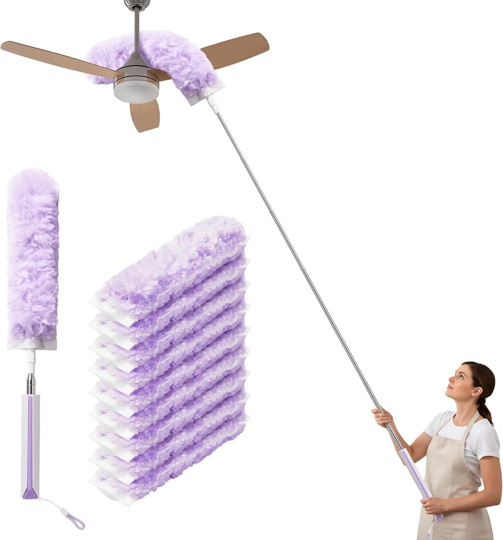 JOYMOOP Ceiling Fan Cleaner Duster and Cobweb Duster with Extension Pole, 2898 Inch Handle and 9 Refills for High Ceilings and Furniture (Purple)