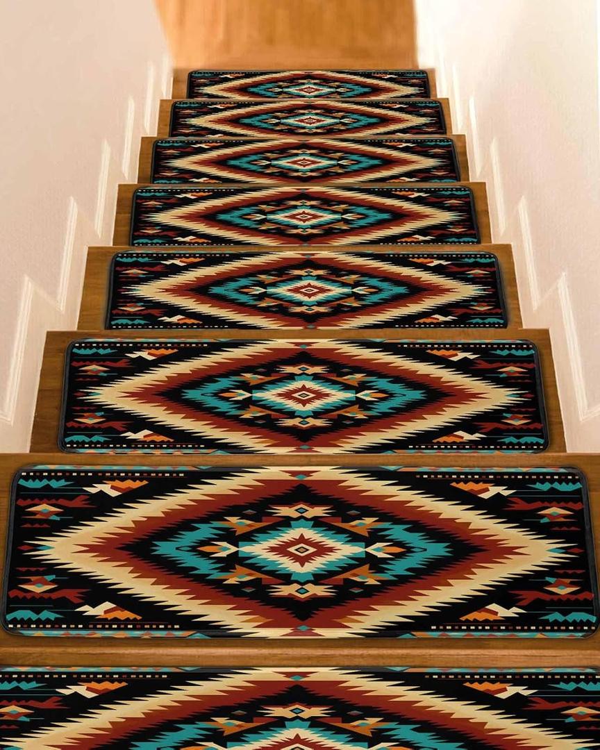 Colorful Boho Aztec Stair Treads for Wooden Steps Indoor Runner Rug Carpet, Rustic Southwestern American Art, 15 Pieces Peel and Stick Staircase Step Treads Covers Washable Throw Door Mats, 30"x8"