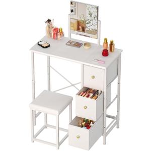 27.5" Small Vanity Desk with Mirror & Chair, Compact Makeup Vanity Set with Chair, Small Dressing Table with 3 Fabric Drawers for Bedroom, Make up Table with Stool for Girls, Kids, Teens, White