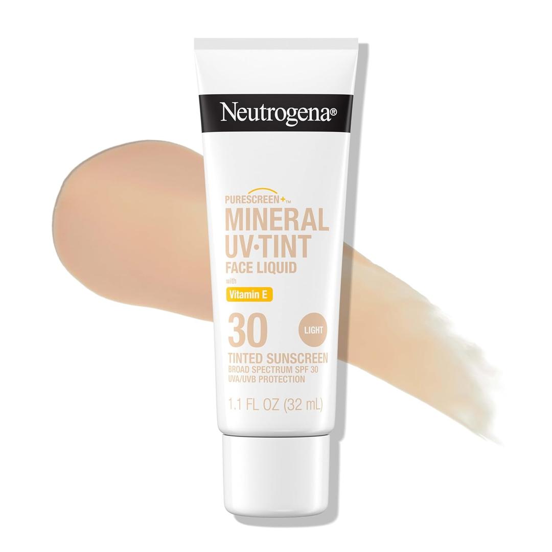 Neutrogena Purescreen+ Mineral UV Tint Face Liquid Tinted Sunscreen - with 100% Mineral Actives & Vitamin E, Enhances Natural Tone, Water Resistant, Broad Spectrum SPF 30, 1.1 fl oz