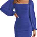 MEROKEETY Women Square Neck Lantern Long Sleeve Mesh Ruched Bodycon Clubwear Mini Dress (Medium, Blue)