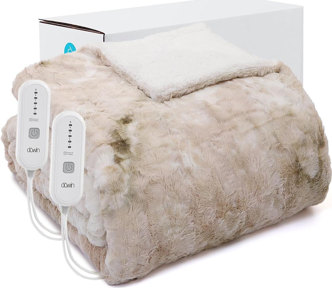 Dowin Electric Blanket King Size, Faux Fur & Sherpa Heated Blankets 100"x 90",Large Dual Controllers Warm Heating Blanket, 5 Heating Levels &10Hrs Auto Off, Over-Heat Protect (Beige) (King 100x90")