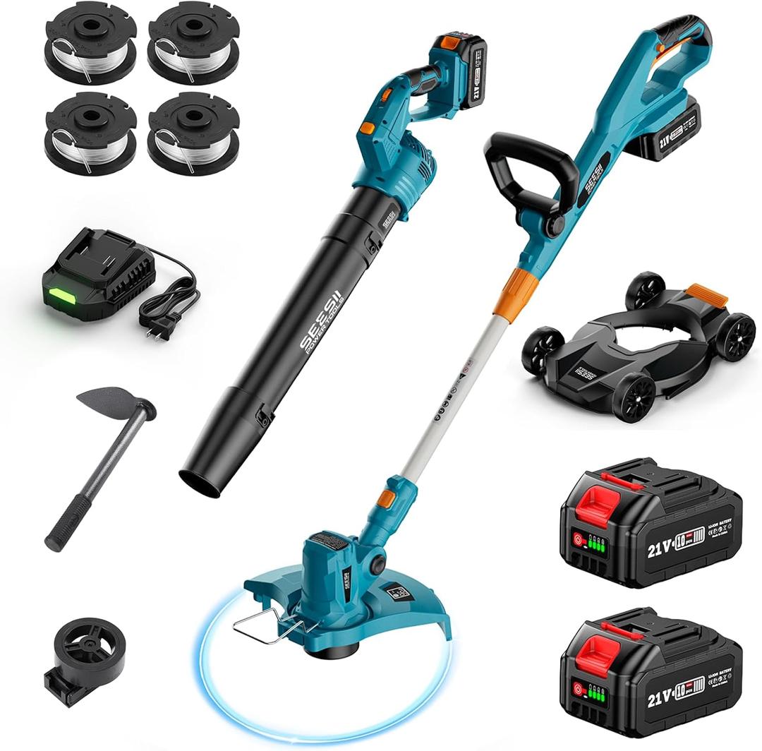 SEESII Electric String Trimmer and Leaf Blower Combo Kit, 3 in 1 Cordless Weed Wacker Grass Eater with 1.3"/2.1" Height, Battery 12" Lawn Mower & Rotary Handheld Blower with 5-Speed for Yard Lawn (Blue)