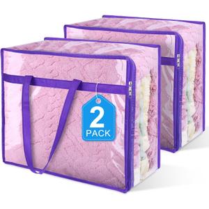 2 Pack Clear Zippered Storage Bags for Clothes, Closet Organizers and Storage Vinyl Bag for Bedding, Linen, Blankets, Comforters, Clothes & Toys Multi Purpose & Space Saver PVC Organizers (Purple)