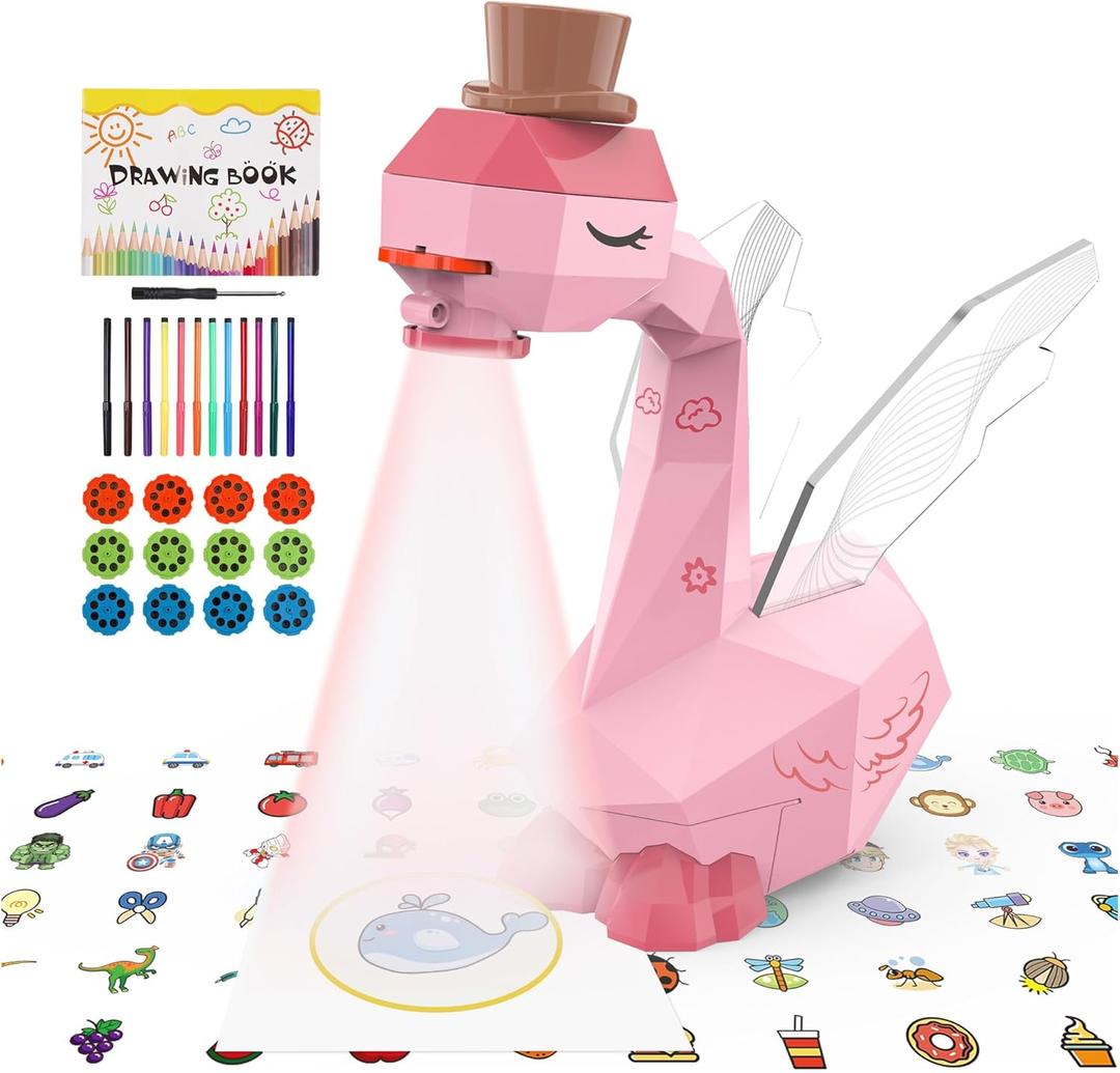 MFEESYOB Drawing Projector for Kids, Tracing and Drawing Projector for Kids with Cute Swan Look, Smart Art Sketcher Projector with 96 Stencils, Toddler Toys for Girls Boys 3+, Pink