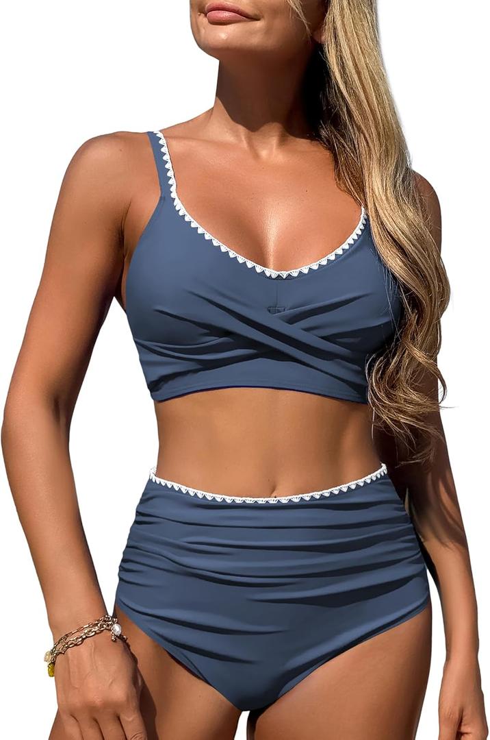 ZAFUL High Waisted Bikini Sets for Women Twist Front Ruched Color Block Two Piece Swimsuits Tummy Control Bathing Suit (Medium, 2-gray Blue)