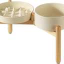 Havniva Ceramic 3.2 Cup Raised Slow Feeder Dog Bowl Set, Elevated 8.2inch Bowl and 9.5inch Slow Pet Food Dish with Wooden Stand for Large Dog (2 xLight Yellow+ Stand)
