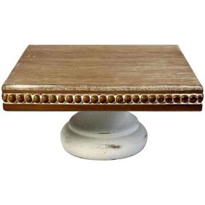 White Wash Display Wood Riser, 8.25 inch Shabby Chic Pedestal Tray Decor with Beads, Farmhouse Display Stands for Coffee Bar, Bathroom, Kitchen Island (Square)