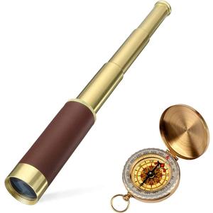 Retro Pirate Telescope Zoomable 25x30 Spyglass Portable Collapsible Handheld Telescope Vintage Monocular for Kids & Survival Gear Compass Pocket Military Compass for Camping Boating